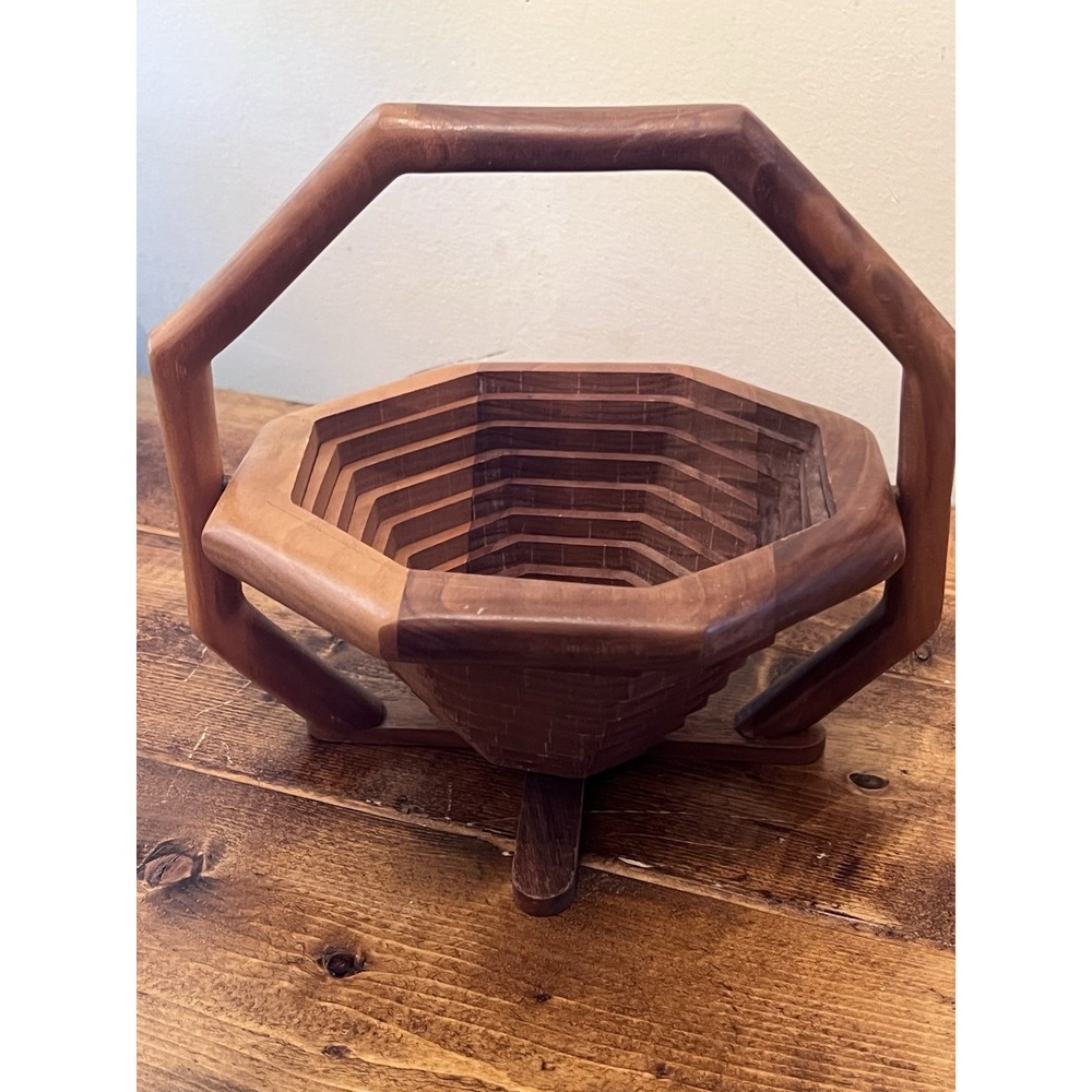 Vintage MCM Kitchen Fruit Collapsible Octagon Wood Basket with Handle Rustic